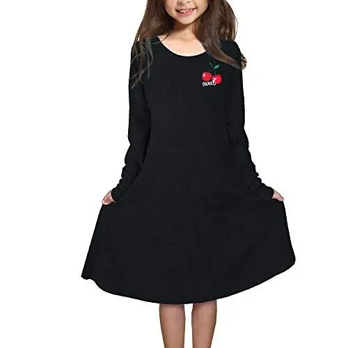 Produktbild: V.&GRIN Samtkleid mit Langen Ärmeln, A-Linie, runder Ausschnitt, weiches, lässiges Maxikleid für 4–12 Jahre – Schwarz – Groß