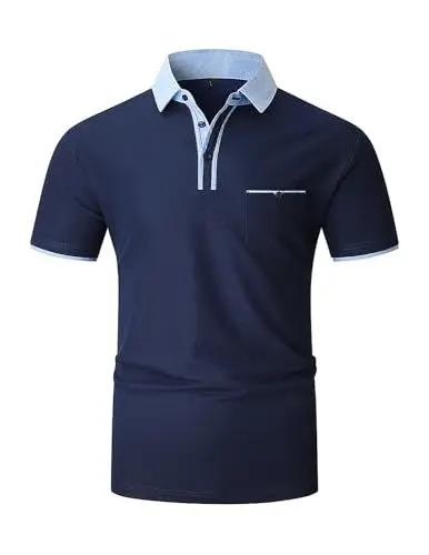 Produktbild: VHUQGVU Herren Poloshirt Baumwolle Kurzarm Knopfleiste mit Farbblockierung Polohemd Regular Slim Fit Modelle Golf Sport T-Shirt,Blau Y41,XL