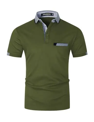 Produktbild: VHUQGVU Poloshirt Herren T Shirts Männer Kurzarm Baumwolle Hemd Klassisch Plaid Polos Kontrastfarbe Ausschnitt T-Shirt Sommer,Armeegrün Y42,L