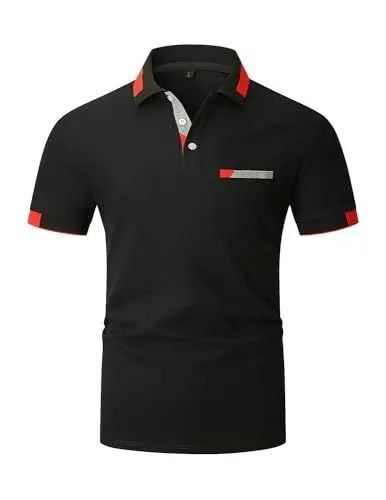 Produktbild: LIUPMWE Poloshirt Herren T Shirts Männer Kurzarm Kontrastfarbe Ausschnitt Baumwolle Sommer Golf Sports,L,Schwarz-42