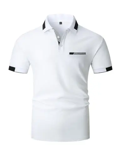 Produktbild: LIUPMWE Poloshirt Herren T Shirts Männer Kurzarm Kontrastfarbe Ausschnitt Baumwolle Sommer Golf Sports,L,Weiß-42