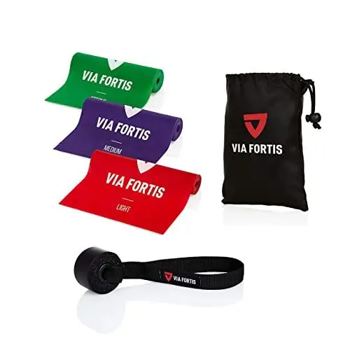 Produktbild: VIA FORTIS Fitnessbänder Set inkl. Türanker und Tasche - 3 Fitnessbänder in verschiedenen Stärken für Yoga, Muskelaufbau, Gymnastik, Reha UVM.