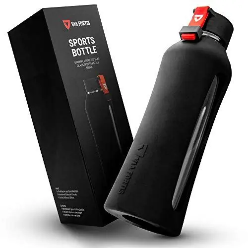 Produktbild: VIA FORTIS® Glasflasche mit hochwertiger Silikonhülle - Trinkflasche für Sport, Fitness, Gym, Fahrrad & Büro - Bruchsicher & BPA-frei - 550ml (01 - Onyx Black - Schwarz)