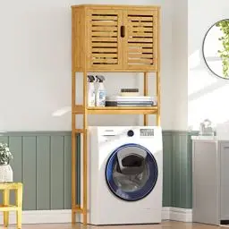 Produktbild: VIAGDO Toilettenregal Bambus, Badregal mit Schrank, Waschmaschinenschrank, WC Überbauschrank, Waschmaschine Überbau Badezimmer Regal, Toilettenschrank, 64 x 26 x 168 cm