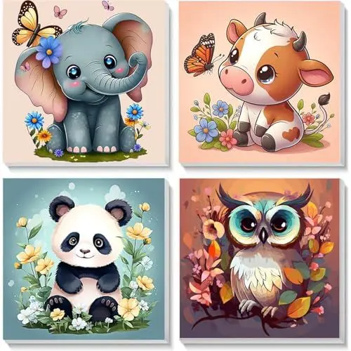 Produktbild: Viart 4 Stück Tier Malen Nach Zahlen ab 5 6 7 Jahre Mädchen und Jungen mit Rahmen-Eule Elefant Panda Kuh Malen Nach Zahlen für Kinder ab 7 Jahren Acrylfarben mit als Geschenk,20x20cm