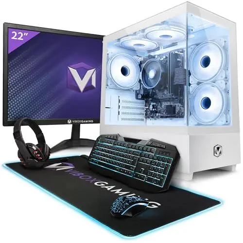 Produktbild: Vibox I-98 Gamer PC – 22 Zoll Display Pack – Quad Core AMD Ryzen 3200G Prozessor 4 GHz – Radeon Vega 8 Grafik – 8 GB RAM – 480 GB SSD – Linux OS – WiFi