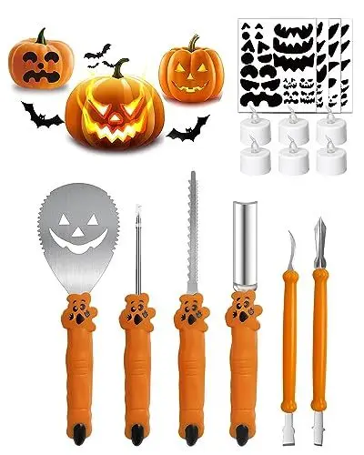 Produktbild: Vicalo Halloween Kürbis Schnitzset, 15 Stück Edelstahl Schnitzwerkzeug Kürbis Set mit Kerzen DIY Halloween Schnitzvorlagen, Kürbis Schnitzmesser für Kinder Erwachsene Halloween Dekoration