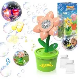 Produktbild: Vicalo Seifenblasenmaschine, Sonnenblume Seifenblasenmaschine Kinder, Seifenblasenmaschinen mit Lichtern und Musik, 2 Flaschen Seifenblasenflüssigkeit für Geburtstag/Hochzeit/Camping/Partys (Rosa)