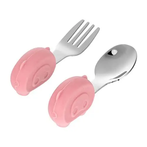 Produktbild: VICASKY 1 Satz 2st Löffel Fütterungsgeschirr Trainingslöffel Und Utensil Zur Selbstfütterung Trainingsgeschirr Kindergeschirr Geschirr Für Kinder Rosa Rostfreier Stahl