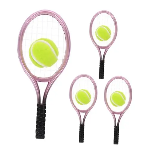 Produktbild: VICASKY 4 Sets Mini-tennisschläger Und Ball-Set Für Puppenhaus-Dekoration, Miniatur-sportzubehör, Mini-tennisschläger Und Ball, DIY-bastelbedarf, Kunststoffmaterial