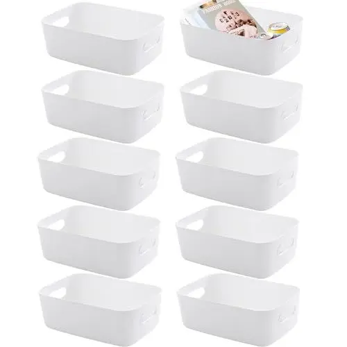 Produktbild: VICDUEKG 10 Stück Aufbewahrungsbox Kunststoff Aufbewahrungskorb Küchenschrank Organizer mit Griffen Korb Aufbewahrung Box Körbe Kunststoffbox für Badezimmer Küche Speisekammer (Weiß, Large)