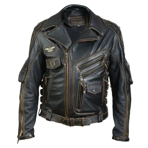 Produktbild: Vicenzia Echtes Lederjacke Herren - HD Schwergewichts Motorradjacke Bikerjacke mit vielen Taschen - Stylisch Herrenjacke Freizeitjacke Größe M 117cm Geeignete Truhe 101-106cm (Schwarz)