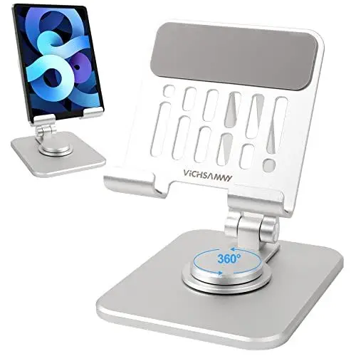 Produktbild: VICHSAMWY Verstellbarer Handy-Ständer aus Aluminium mit 360 ° drehbarer Basis, robuster, Faltbarer Ständer für alle 10,2-32,9 cm Handys und iPad (silberfarben)