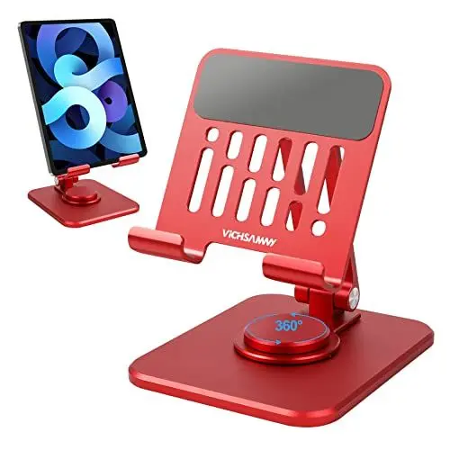 Produktbild: VICHSAMWY Verstellbarer Handy-Ständer aus Aluminium mit 360 ° drehbarer Basis, robuster, Faltbarer Ständer für alle 10,2-32,9 cm Handys und iPad (Rot)
