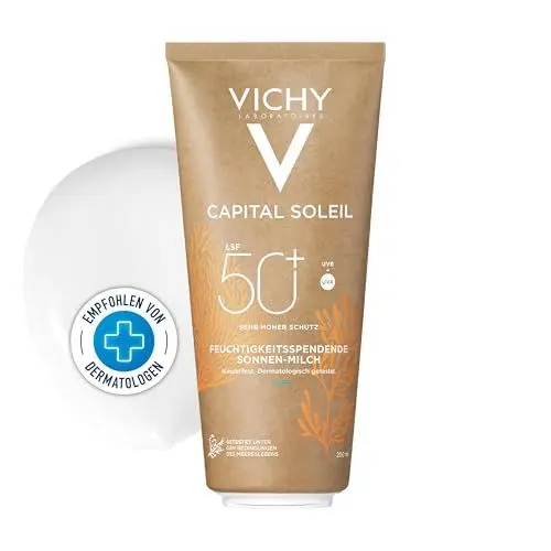 Produktbild: Vichy Capital Soleil Feuchtigkeitsspendende Sonnenmilch mit LSF 50+, Mit Hyaluron, Schutz vor Austrocknung durch Salz, Chlor und Wind, Nachhaltige Verpackung, 200 ml