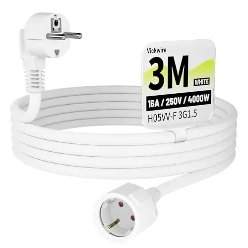 Produktbild: Vickwire Verlängerungskabel 3m Kabel Kabelverlängerungen mit Schutzkontakt Stecker Schuko Verlängerung 16A/250V, Weiß, H05VV-F 3G1,5 mm²