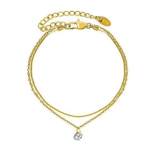 Produktbild: VICKWOOD Fußkettchen aus Wasserfestem Edelstahl Layer_Fußkette aus 18K Vergoldung mit Zirkonia 20 cm bis 25 cm verstellbar Schmuck für Frauen (Layer-Zikonia-Gold)