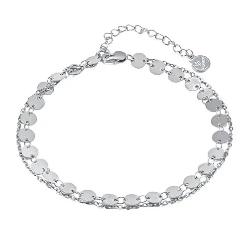 Produktbild: VICKWOOD Fussketten für Frauen Edelstahl 22cm-28cm 18K Vergoldung mit Doppleketten-Plättchen Wasserfester in Gold/Silber/Rosegold Damen Fußkette Geschenk für Frauen (Silber)