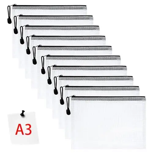 Produktbild: Vicloon Dokumententasche mit Reißverschluss A3, 10pcs Mesh Plastic Zip Bag, Wasserdichte Document Case, Reißverschlusstasche Zip Beutel Tasche Wallet Taschen Kunststoff Mesh Dokumentenmappen