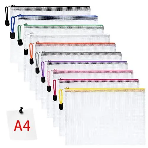Produktbild: Vicloon Dokumententasche mit Reißverschluss A4, 10pcs Mesh Plastic Zip Bag, Wasserdichte Document Case, Reißverschlusstasche Zip Beutel Tasche Wallet Taschen Kunststoff Mesh Dokumentenmappen