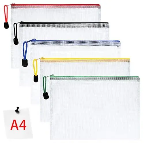 Produktbild: Vicloon Dokumententasche mit Reißverschluss A4, 5 pcs Mesh Plastic Zip Bag, Wasserdichte Document Case, Reißverschlusstasche Zip Beutel Tasche Wallet Taschen Kunststoff Mesh Dokumentenmappen