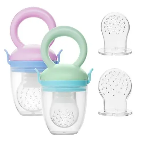 Produktbild: Vicloon Fruchtsauger Baby, 2 Stück Schnuller Beißring mit Silikon Sauger in 2 Größen, BPA-frei, Gemüse Sauger Obst Gemüse Baby Essen Beikost - Rosa+Grün