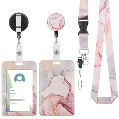 Produktbild: Vicloon Lanyard mit ID Kartenhalte, 2 Stücke Einziehbare Badge Holders Ausweishülle, Ausweishalter mit Clip, Schlüsselbänder mit Schnellverschluss Schnalle(rosa Marmor)
