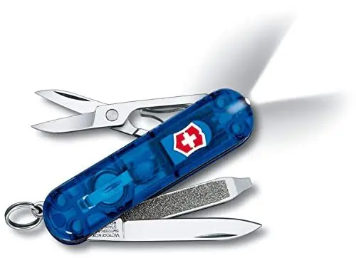 Produktbild: Victorinox Schweizer Taschenmesser, Klein, Signature Lite, Multitool, Swiss Army Knife, 7 Funktionen, Klinge, Schraubendreher, Blau Transparent