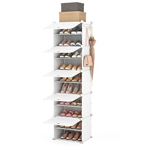 Produktbild: Vicye hoher Schuhregal Organizer, Schuhschrank 10 Ebenen, 20 Paar schmaler tragbarer Schuhregal Organizer für kleine Räume für Schlafzimmerschrank mit 2 Haken (Weiß, 1 x 10)