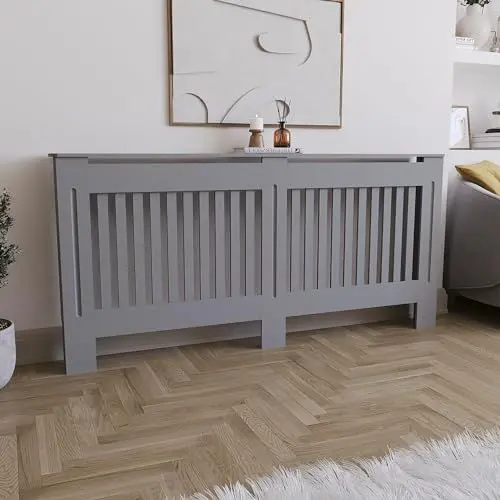 Produktbild: Vida Designs Chelsea-Heizkörperabdeckung, modernes Lamellengrill-Design, grau lackierter MDF-Schrank, extra groß, (H: 82 / B: 172 / T: 19 cm)
