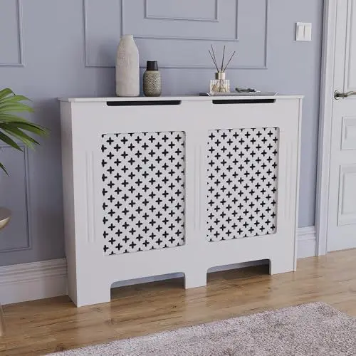Produktbild: Vida Designs Oxford-Heizkörperabdeckung, moderner weißer MDF-Schrank mit Rillen, oberes Regal aus Holz, mittelgroß