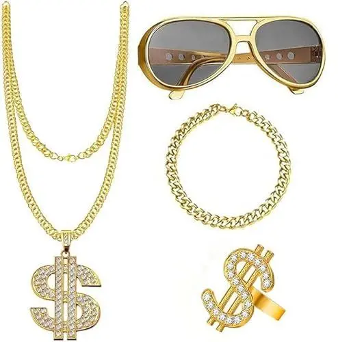Produktbild: VIDSTW 4 Stück 90er Hip Hop Rapper Kostüm Zubehör Rapper Kette Zuhälter Kostüm Zubehör Goldkette Kostüm Zubehör Ring Dollar Kette Sonnenbrille Goldketten-Set für 80s/90s Fasching Karneval Party