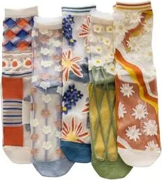 Produktbild: VIDSTW 5 Paar Durchsichtige Socken Transparente Blumensocken Nylon Socken Damen Kurze Ultra Dünner Netz Sommer Seidige Coole Rüschen Socken Feine Modisch Rutschfeste Knöchelsocken für Damen Mädchen