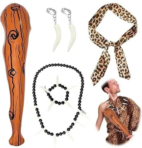 Produktbild: VIDSTW 5 STK Höhlenmensch Kostüm Zubehör Knochen Schmuck Steinzeit Kostüm Aufblasbare Streitkolben Leopard Stirnband Elfenbein Armband Halskette Ohrringe Höhle Kostüm für Karneval Cosplay