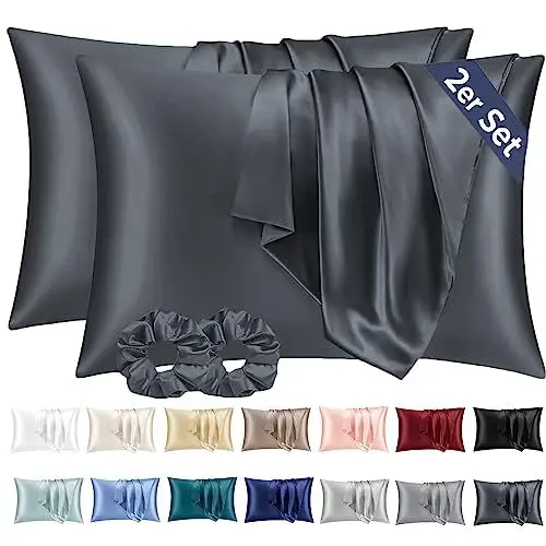 Produktbild: Vielit 2er Set Satin Kissenbezug 40 x 80 Dunkelgrau, Weich wie Seidenkissenbezug 40x80,Bessere Pflege als Silk Pillosecase,Satin Kopfkissenbezug Kissenhülle für Haar und Haut mit 2 Haargummis