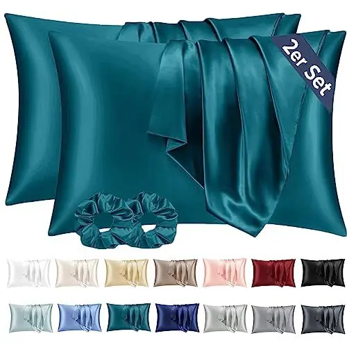 Produktbild: Vielit 2er Set Satin Kissenbezug 40 x 80 Petrol, Weich wie Seidenkissenbezug 40x80,Bessere Pflege als Silk Pillosecase,Satin Kopfkissenbezug Kissenhülle für Haar und Haut mit 2 Haargummis