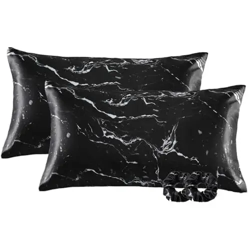 Produktbild: Vielit 2er Set Satin Kissenbezug 40 x 80 Schwarz Marmor, Weich wie Seidenkissenbezug 40x80,Bessere Pflege als Silk Pillosecase,Satin Kopfkissenbezug Kissenhülle für Haar und Haut mit 2 Haargummis