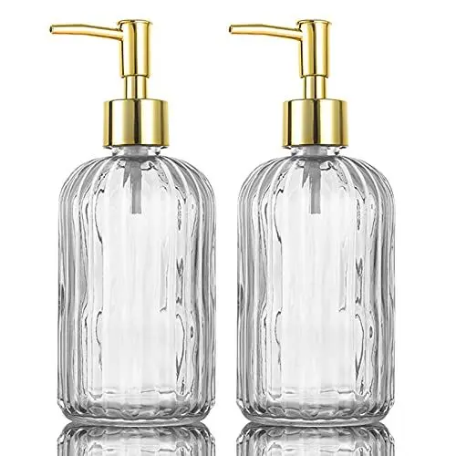 Produktbild: Vielseitiger Glas-Seifenspender-Flasche mit Pumpe, 500 ml, tropffreie Edelstahl-Pumpflasche, nachfüllbarer Flüssigkeits-Handdosenspender für Badezimmer, Waschküche (transparent, 2 Stück)