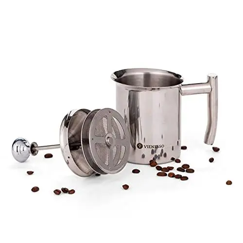 Produktbild: VIENESSO Hand Milchaufschäumer manuell aus Edelstahl mit Doppel-Mesh-Sieb I Milchschäumer für cremigen Milchschaum für Kaffeespezialitäten, Milk Frother inkl Barista E-Book (400 ml)