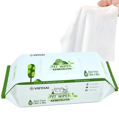 Produktbild: VIETDAI Feuchttücher für Hunde Hypoallergene Pflegetücher Katze, Extra Dicker Reinigungstücher Hund für Pfoten Gesicht Körper und Po - 80 Stück