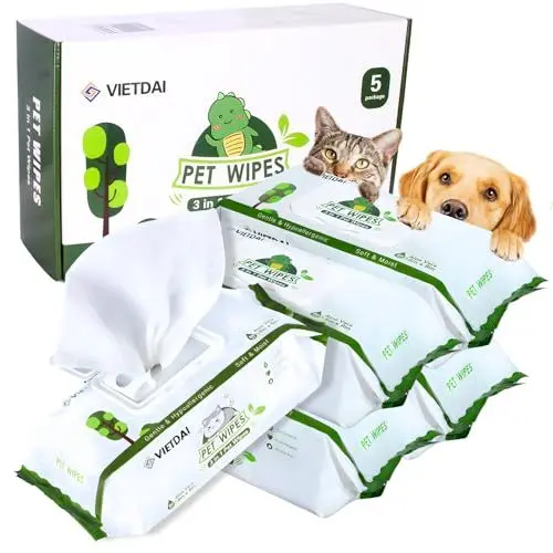 Produktbild: VIETDAI Feuchttücher für Hunde und Katze- 400 Stück Hypoallergene Pflegetücher Hund, Extra Dicker Reinigungstücher Katzen für Pfoten Gesicht Körper und Po