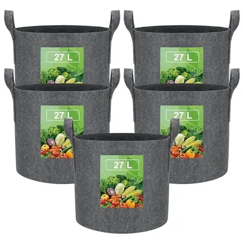 Produktbild: VIEWALL 27 L Pflanzsack aus Stoff,Kartoffelsack mit Griff,Wiederverwendbare Tomatentopf Pflanztasche für Anbau von Kartoffeln,Tomaten,Gemüse,Blumen,Verdickter und Belüfteter Pflanzkübel,5 Stück,Grau