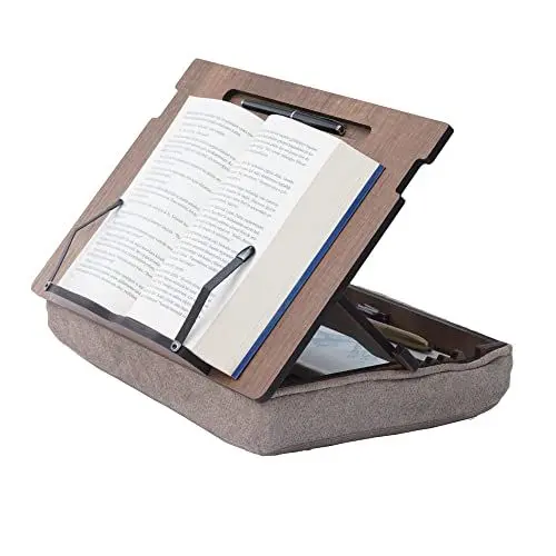Produktbild: Vigo Wood Buchständer mit Stauraum, Buchhalter, Leseständer, Kochbuchhalter, Rezeptbuch Ständer, Holz Buchstützen zum Lesen, Kochbuchständer für die Küche, Buchhalter zum Lesen im Bett (Walnuss)