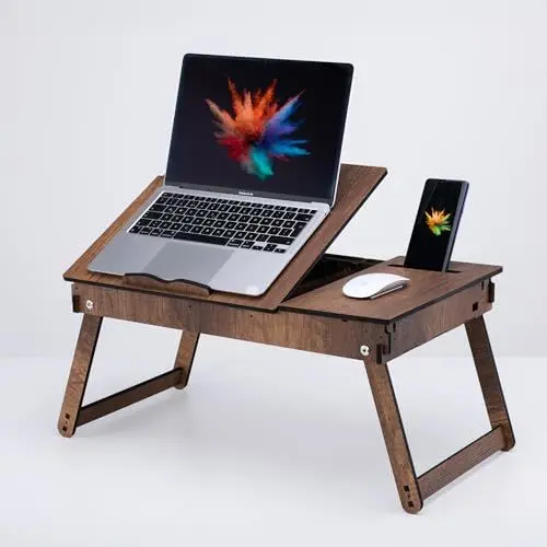 Produktbild: Vigo Wood Laptoptisch, Laptop-Ständer aus Holz für Bett, Verstellbarer Laptop-Schreibtisch und Knietablett mit integriertem Stauraum, Ergonomisches Design zum Lesen, Arbeiten
