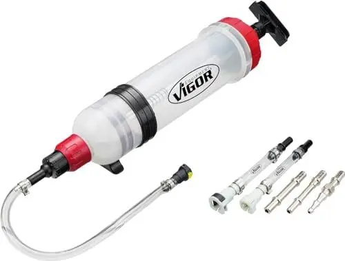 Produktbild: ViGOR V4201 Vakuumpumpe I inklusive fünf Adapter, Fassungsvermögen: 1,5 Liter I manuelle Vakuumpumpe zum Absaugen und Einfüllen von Fahrzeugflüssigkeiten