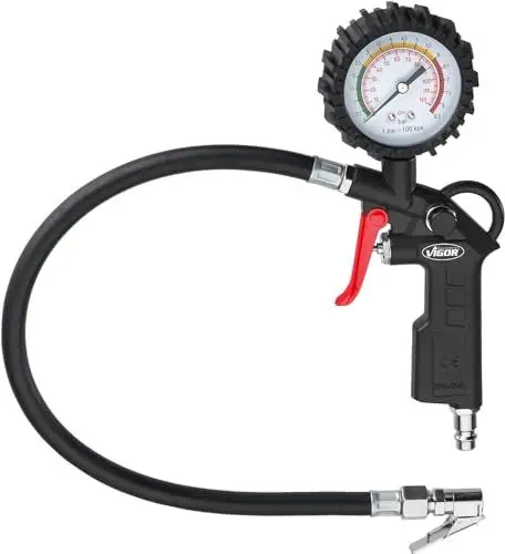 Produktbild: ViGOR V6905 Reifenfüller I feiner Füllhebel für gezielte Dosierung, Teilung: 0,1 bar I Luftdruckprüfer mit gummiummanteltem Manometer zum Schutz vor leichten Stößen
