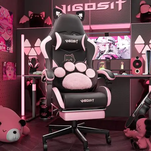 Produktbild: Vigosit Cute Gaming Stuhl mit Katzenpfote Lendenkissen und Katzenohren, Ergonomische Gamer Stuhl mit Fußstütze, Zurücklehnen PC-Spiel Stuhl für Mädchen, Teenager, Kinder, schwarz rosa