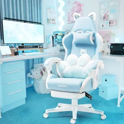Produktbild: Vigosit Cute Gaming Stuhl mit Katzenpfoten-Lendenkissen und Katzenohren, ergonomischer Gamer Stuhl mit Fußstütze, Verstellbarer PC-Spielesessel für Mädchen, Teenager, Kinder, Blau