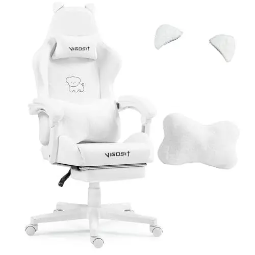 Produktbild: Vigosit Gaming Stuhl Niedlich mit Ohren und Kawaii Kissen, Ergonomische Computer-Spiel-Stuhl für Mädchen mit Lendenwirbelstütze und Fußstütze, Bequeme zurücklehnen PC Gamer Stuhl für Teenager (White)