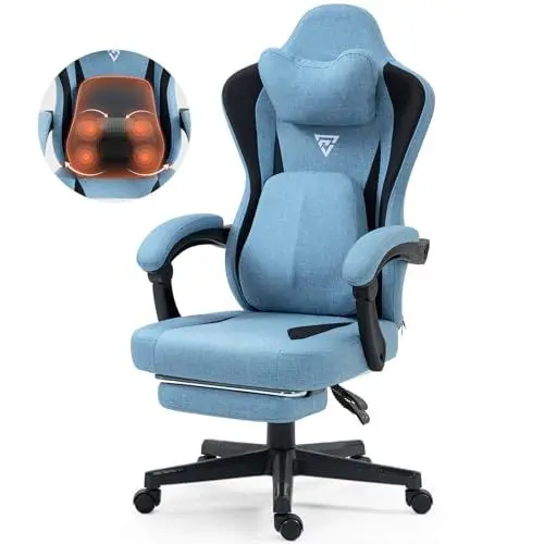 Produktbild: Vigosit Gaming Stuhl mit Beheizter Massage Lendenwirbelstütze, Stoff Gamer Stuhl mit Tasche Frühling Kissen und Fußstütze, Roß und Hoch Ergonomisch Gamer Bürostuhl 150 kg Belastbarkeit (Blau)